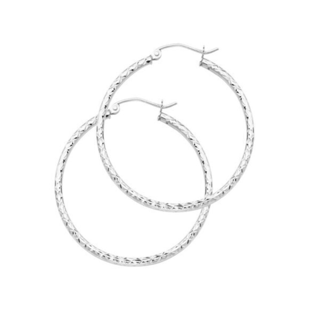 14K White Diamond-Cut Hinge Medium Hoop Earrings